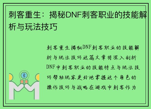 刺客重生：揭秘DNF刺客职业的技能解析与玩法技巧