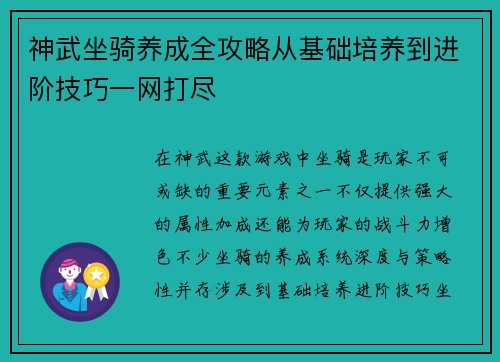 神武坐骑养成全攻略从基础培养到进阶技巧一网打尽